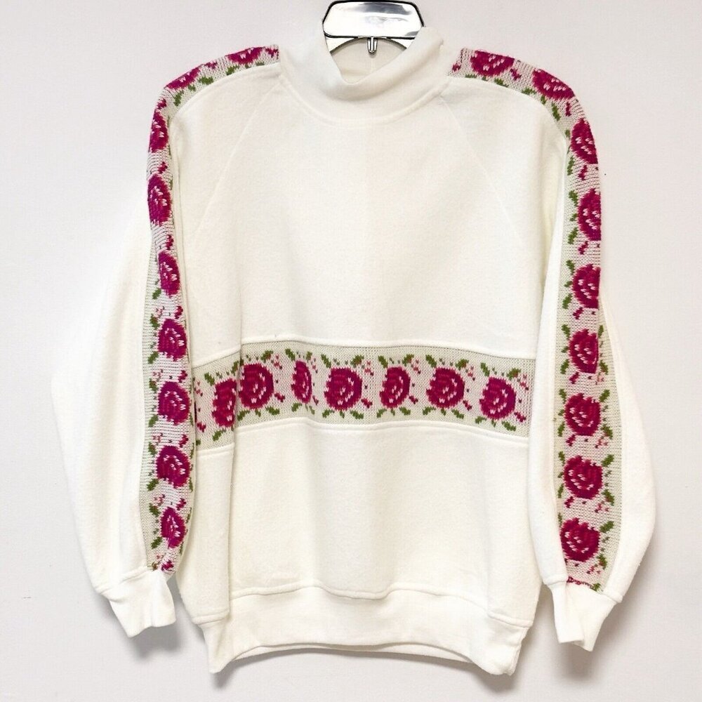 Vintage Justin Allen Knit Roses Women Fleece‎ Cream Long Sleeve Sweatshirt Small